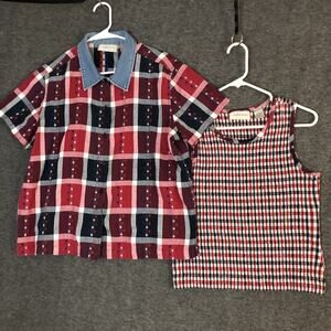 Lemon Grass 2Pcs Large Shirt w/Tank Plaid Short Sleeve Patriotic Patriot USA